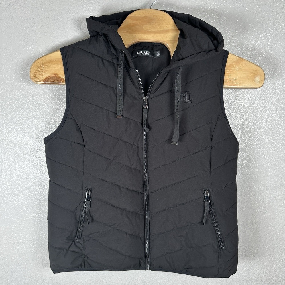 Lauren‎ Ralph Lauren Hooded Puffer Vest Womens Large Black Insulated Jacket Logo